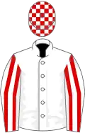 White, red striped sleeves, check cap