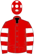 Red, red and white hooped sleeves, white spots on cap