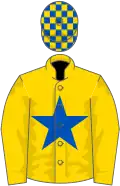 Gold, royal blue star, royal blue and gold check cap