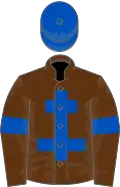 Brown, royal blue cross of lorraine, royal blue armlet, royal blue cap