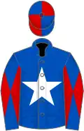 Royal blue, white star, royal blue sleeves, red diabolo, royal blue and red quartered cap