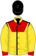 Yellow, red yoke and cuffs, black seams and cap
