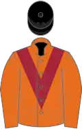 Orange, maroon chevron, black cap