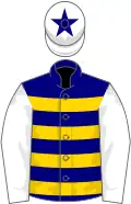Navy blue, gold hoops, white sleeves, white cap, navy blue star