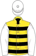 Yellow, dark blue hooped, white sleeves, white cap