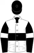 White, black hoop, black sleeves, white armlets, black cap