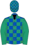 Royal blue and emerald green check, emerald green sleeves