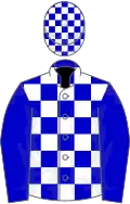 Blue and white checked, blue sleeves, checked cap