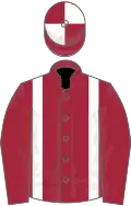 Maroon, white braces, quartered cap