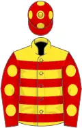 Yellow, red hoops, red sleeves, yellow spots and cap