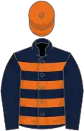 Dark blue, orange hoops, dark blue sleeves, orange cap