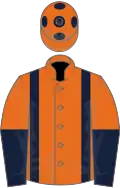 ORANGE, dark blue braces, halved sleeves, orange cap, dark blue spots