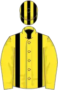 Yellow, black braces, striped cap