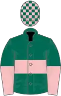Dark green, pink hoop, halved sleeves, check cap