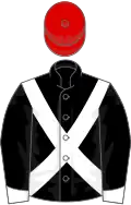 Black, white cross-belts and cuffs, red cap