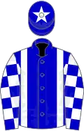 Blue, white braces, checked sleeves, white star on cap