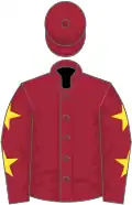 Maroon, yellow stars on sleeves, maroon cap