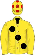 Yellow, large black spots, red spots on cap