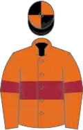 Orange, maroon hoop and armlets, black and orange quartered cap
