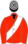 Scarlet, white sash, black and white hooped cap