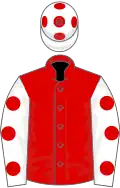 Red, white sleeves, red spots, white cap, red spots