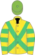Yellow, Emerald Green cross belts, hooped sleeves, Light Green cap
