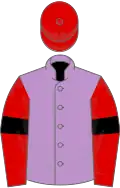 Mauve, red sleeves, black armlets, red cap