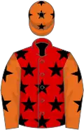 Red, black stars, orange sleeves, black stars and cap