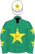 Emerald green, yellow star, emerald green sleeves, yellow stars, white cap, yellow star