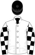 White, black and white checked sleeves, black cap