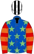 Royal blue, light green stars, red and orange hooped sleeves, black and white striped cap