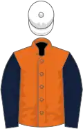 Orange, dark blue sleeves, white cap
