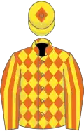 Orange and yellow diamonds, striped sleeves, yellow cap, orange diamond