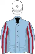 Light blue, maroon striped sleeves, white cap