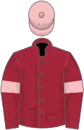Maroon, pink armlets and cap