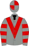 Grey, red chevron, hooped sleeves, quartered cap