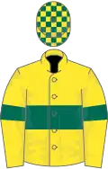 Yellow, dark green hoop and armlets, check cap