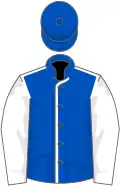 Blue, white seams, white sleeves, blue cap