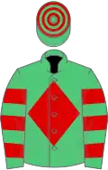 Emerald green, red diamond, hooped sleeves and cap