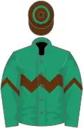 Emerald green, brown chevron hoop and armlets, brown cap, green hoop