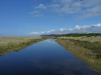Stagnant stream of water surrounded by flat grassland near the beach