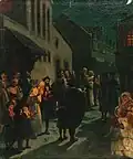 Blessing of the New Moon (1886) by Hermann Junker. Moses Mendelssohn, Leopold Kompert and James de Rothschild are seen in Frankfurt.[639]