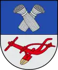 A coat of arms depicting two grey sheaves of wheat on a blue background at the top and a red plowshare on a grey background at the bottom