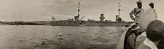 A panoramic photo shot with a Brownie no. 2 (perhaps with a wide-angle lens) by the Romanov family in the port of Sevastopol, while inspecting the battleship Imperatritsa Mariya (27 May 1916). The grand duchess Anastasia is clearly visible on the right.