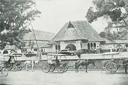 A one-storey building, photographed from below