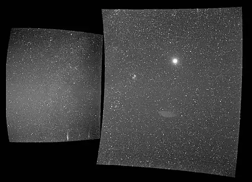 The view from the probe's WISPR instrument on Sept. 25, 2018, shows Earth, the bright sphere near the middle of the right-hand panel. The elongated mark toward the bottom of the panel is a lens reflection from the WISPR instrument[98]