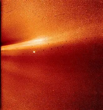 Photo from the WISPR shows a coronal streamer, seen over the east limb of the Sun on Nov. 8, 2018, at 1:12&nbsp;a.m. EST. The fine structure of the streamer is very clear, with at least two rays visible. Parker Solar Probe was about 16.9 million miles (21.2 million km) from the Sun's surface when this image was taken. The bright object near the center of the image is Mercury, and the dark spots are a result of background correction.[99]