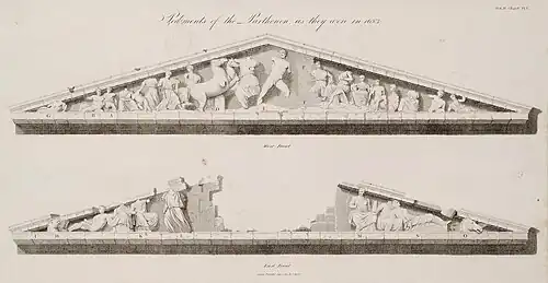 Illustrations with the sculptures of the two pediments of the Parthenon, by James Stuart & Nicholas Revett in 1794