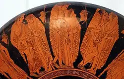 Pederastic couples. The outside of a drinking cup. Terracotta. Peithinos Painter. Around 500 BCE. Altes Museum