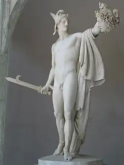 Perseus with the Head of Medusa depicts Perseus armed with a harpe sword when he beheaded Medusa.